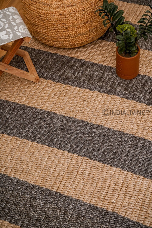 Charcoal and beige striped chunky wool rug, flat lay view