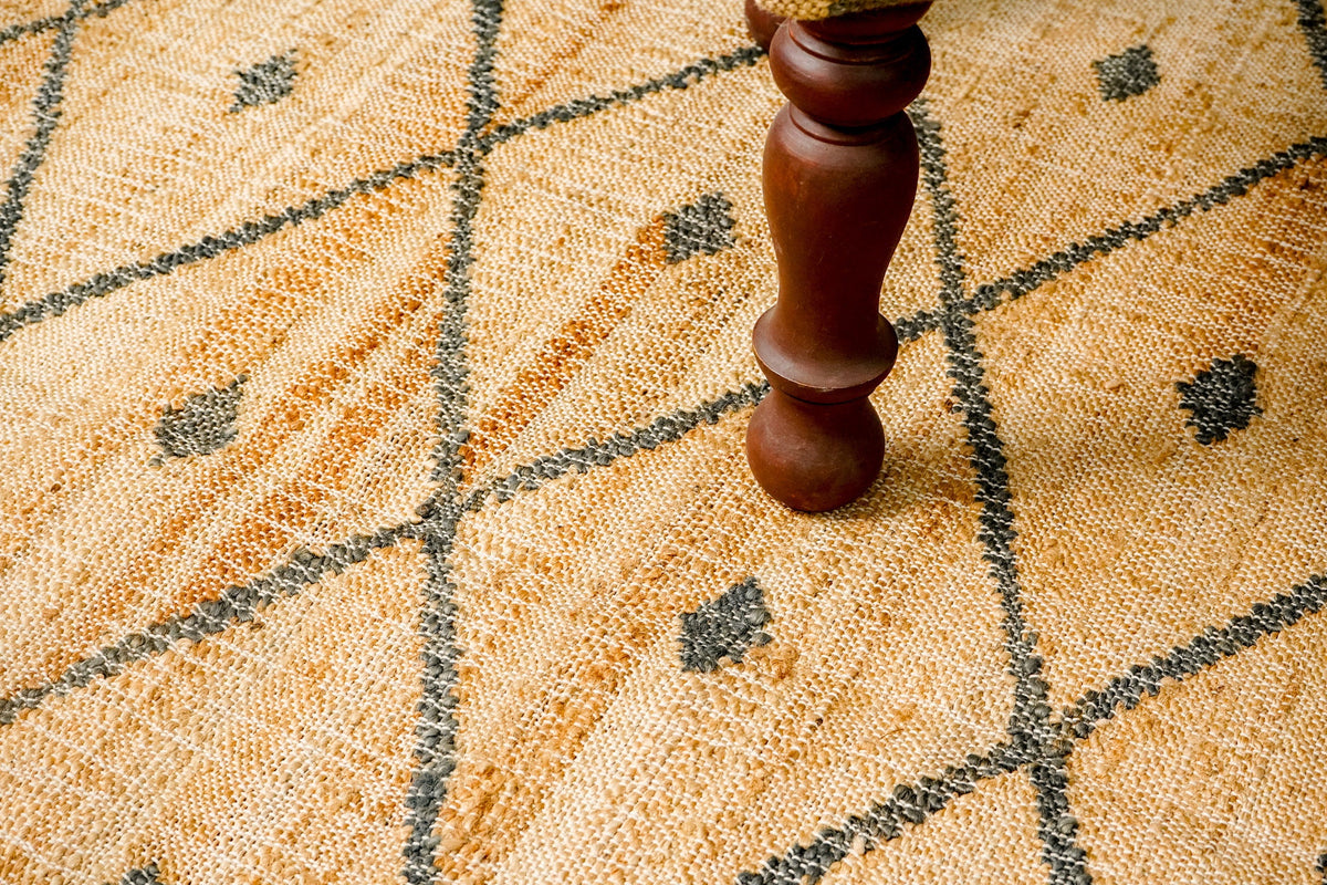 Close-up of jute weave and charcoal dot pattern