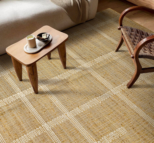 Natural white striped handwoven jute area rug, flat view