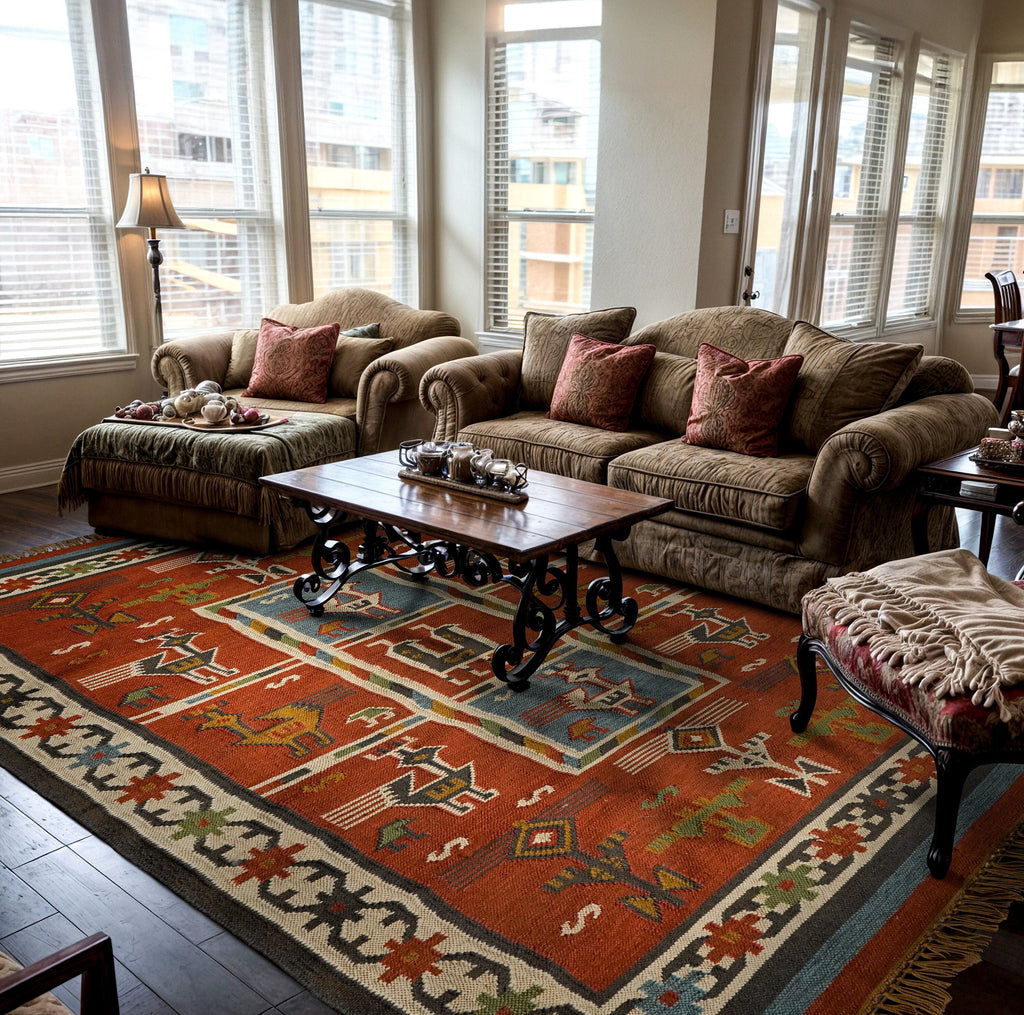 Handwoven Navajo inspired Red Tribal aztec kilim rug, Sustainable indoor & outdoor decor Flat weave rug, Porch rug, Customization available