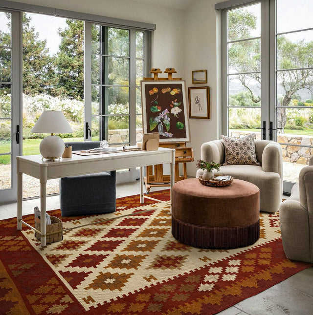 Southwestern kilim rug styled in a bohemian living room