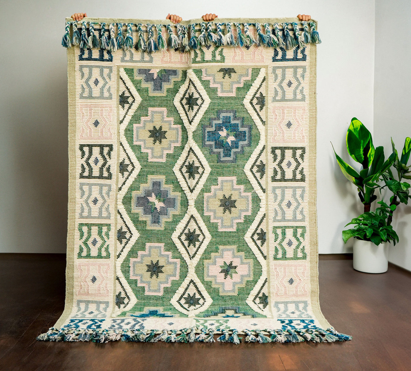 Sage green wool kilim rug flat view