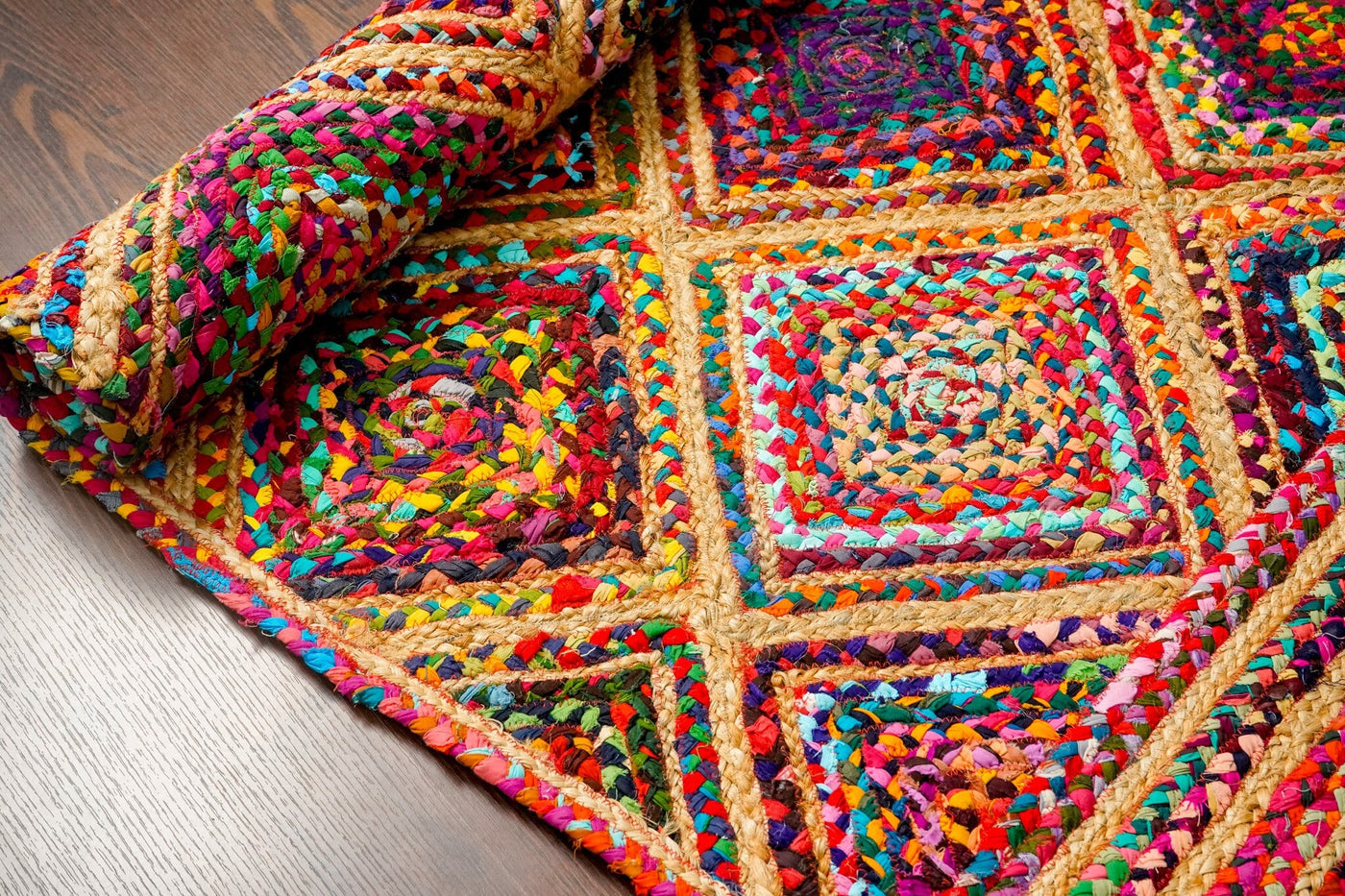 Diamond chindi jute rag rug laid flat showing full pattern