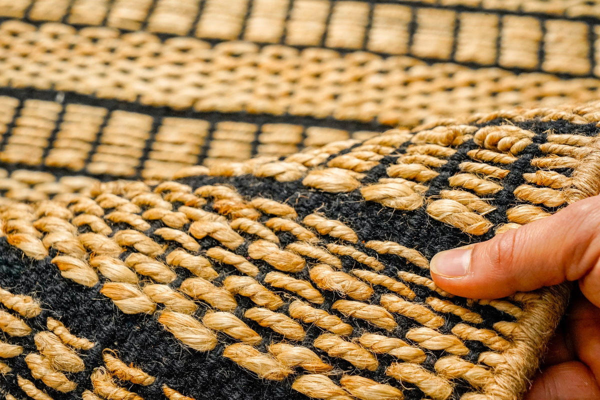Close-up of jute ribbed stripe weave texture
