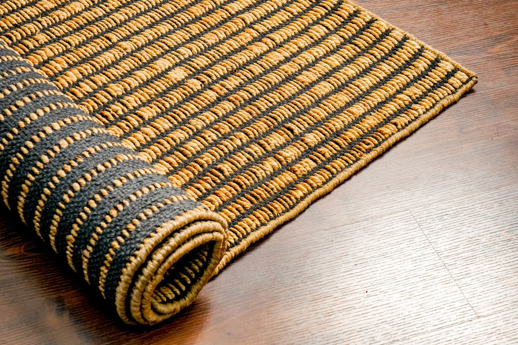 Natural Jute Black Ribbed Flat weave Hand woven Rug, Sustainable Bohemian modern decor, Customization available