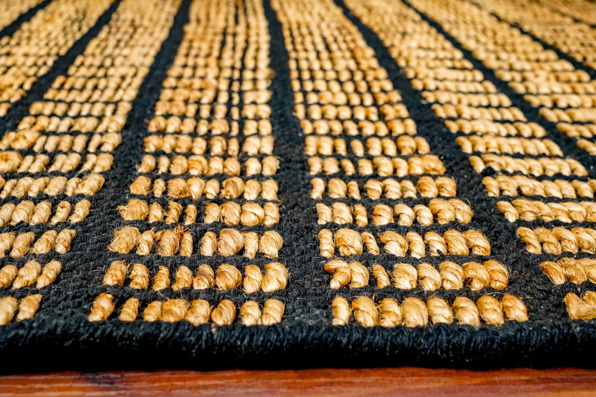 Close-up of jute grid weave texture and pile