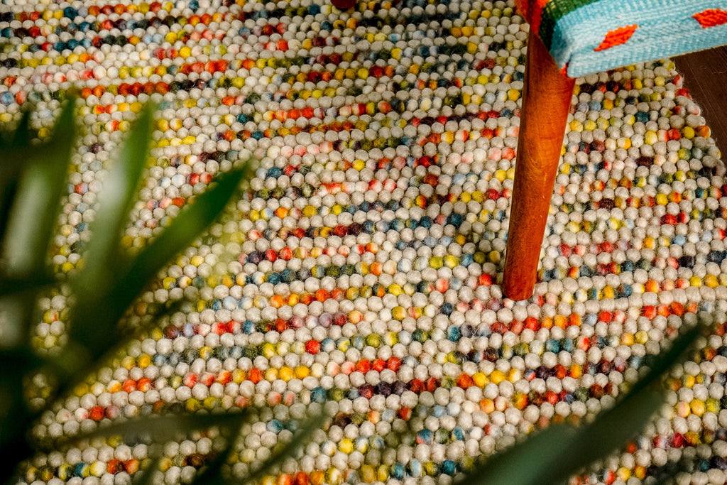 Hand woven Colourful Stripe Beige Chunky loop indoor wool rug - Custom made , Soft, Customization available