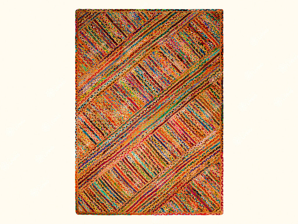 Multi Chindi Striped Jute Rag Rug - Handcrafted Sustainable Home Decor - Natural Texture and vibrant Colors - Custom made Rainbow textured