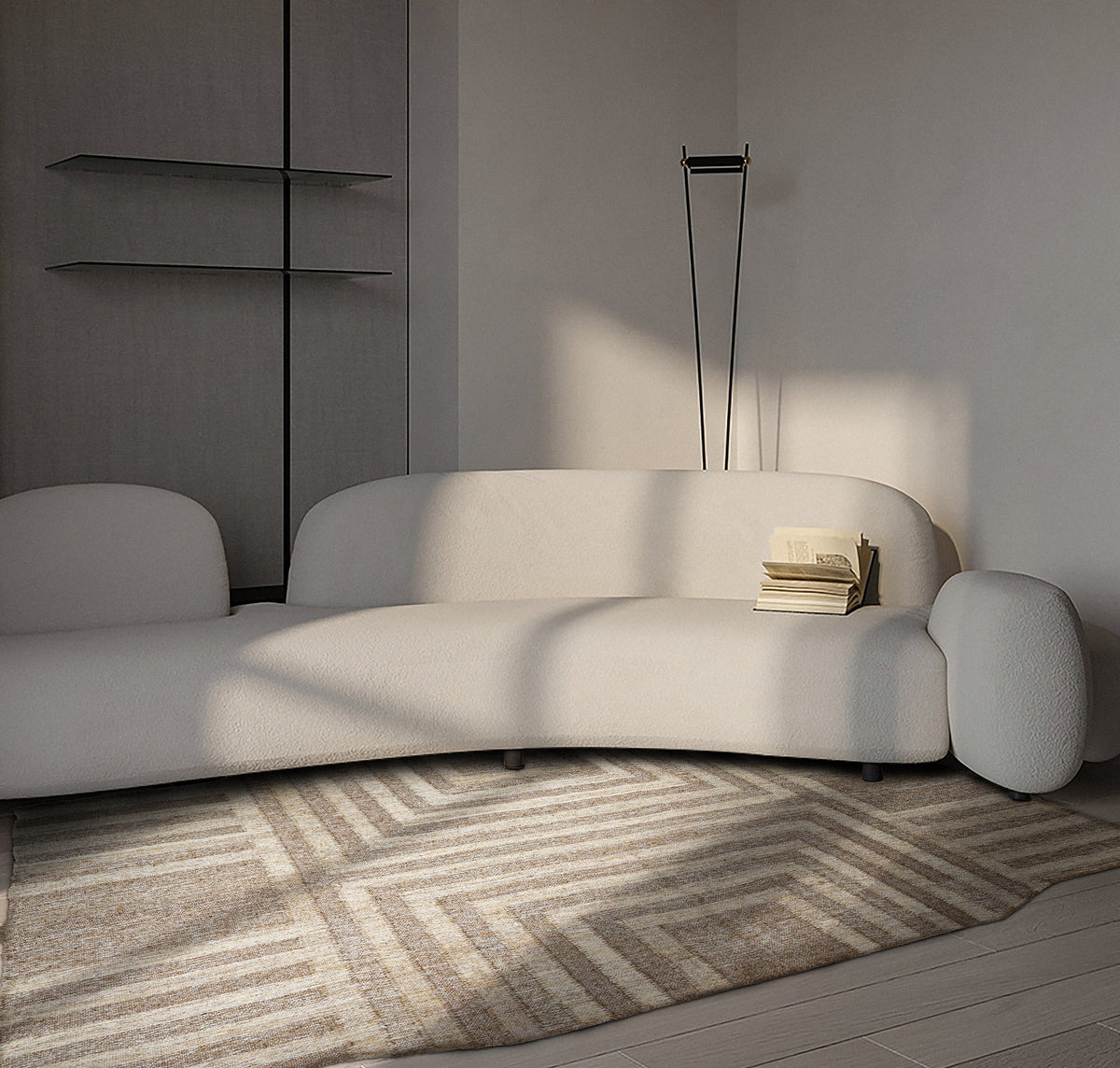 Beige rug corner detail with fringe edge