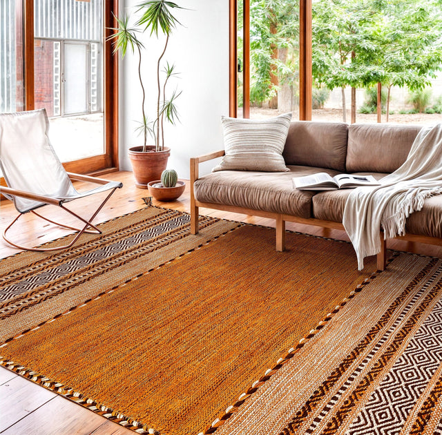 Brown diamond-pattern kilim rug, full flat view