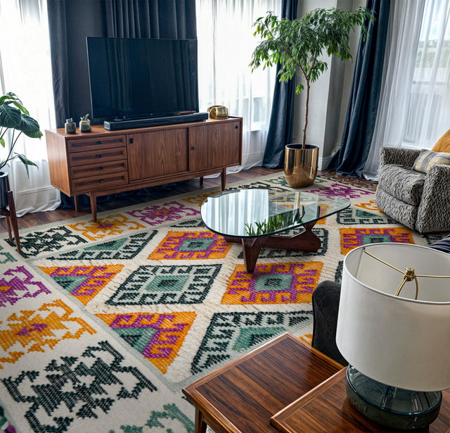 Green tribal rug styled in a bohemian living room