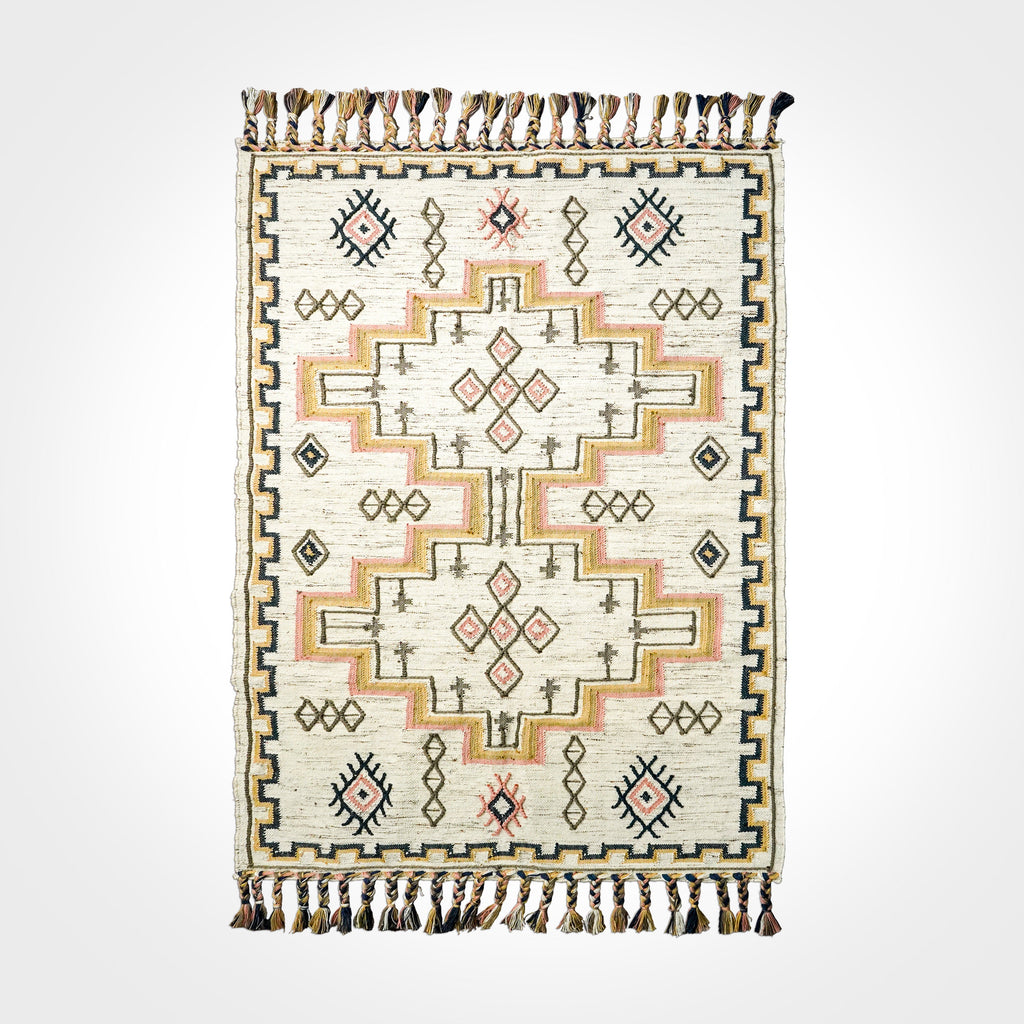 Hand woven Ivory Aztec Flat weave Tribal Moroccan Style Bohemian decor Pet Yarn indoor outdoor Kilim rug, Custom made in all sizes