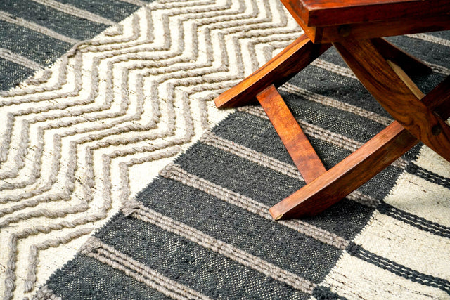 Grey striped wool flatweave rug, flat lay view