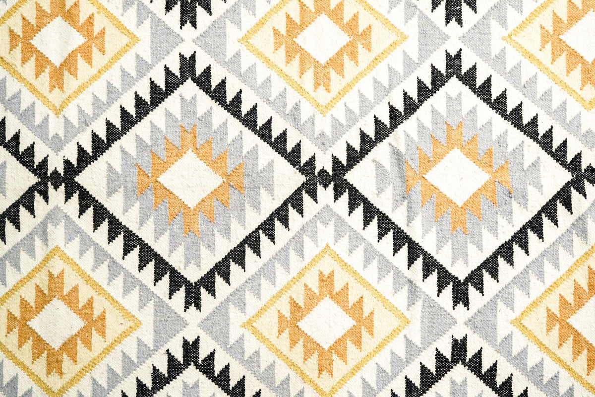 Overhead view of tribal Aztec wool rug