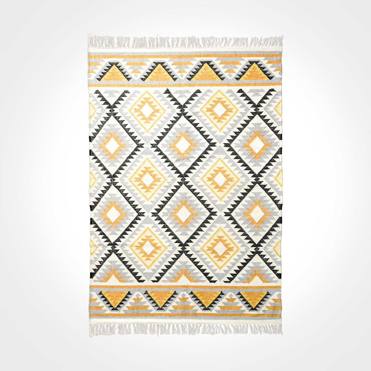 Fringe and braided edge detail of Aztec rug