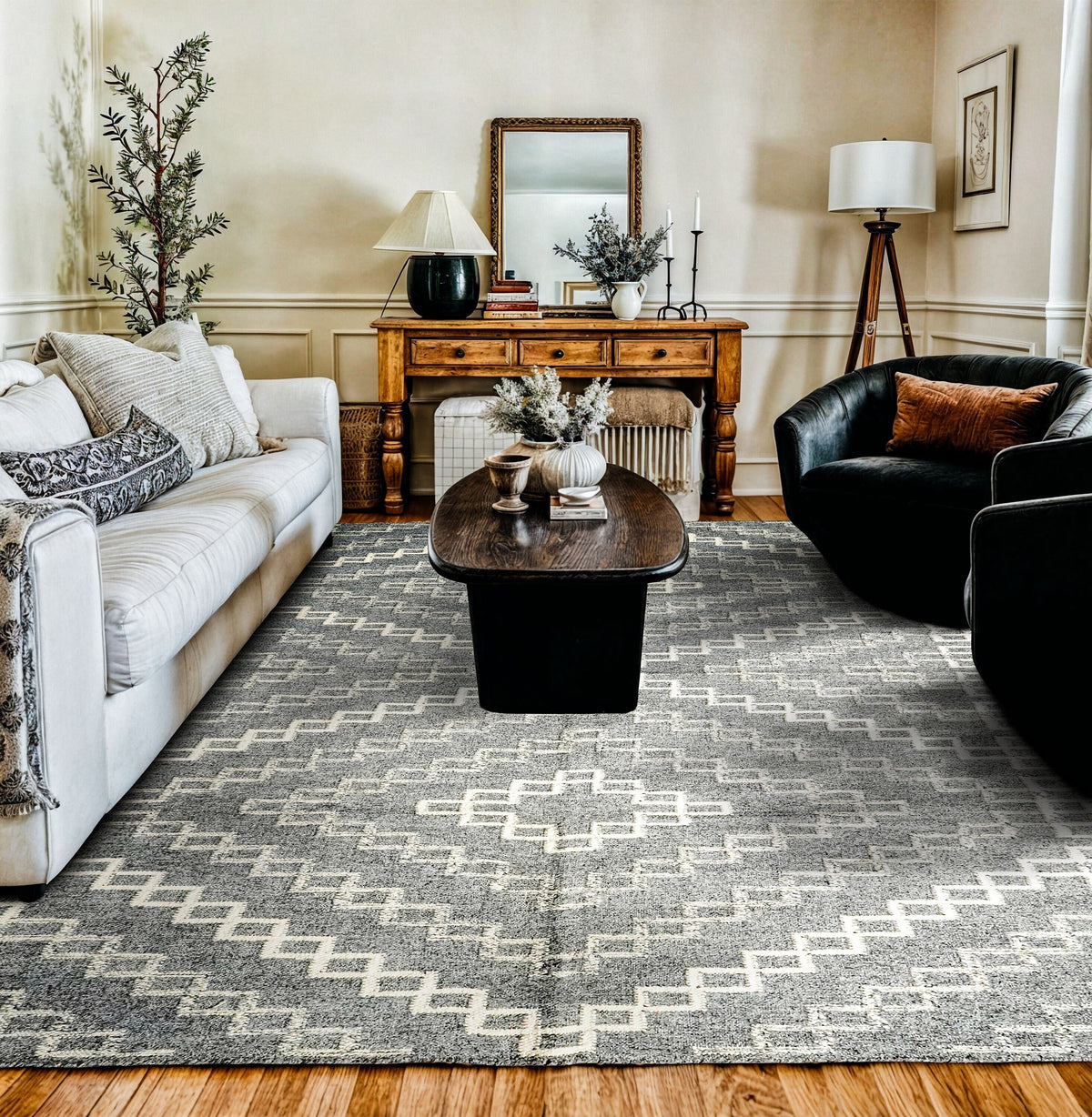 Grey abstract wool flatweave rug, full flat view