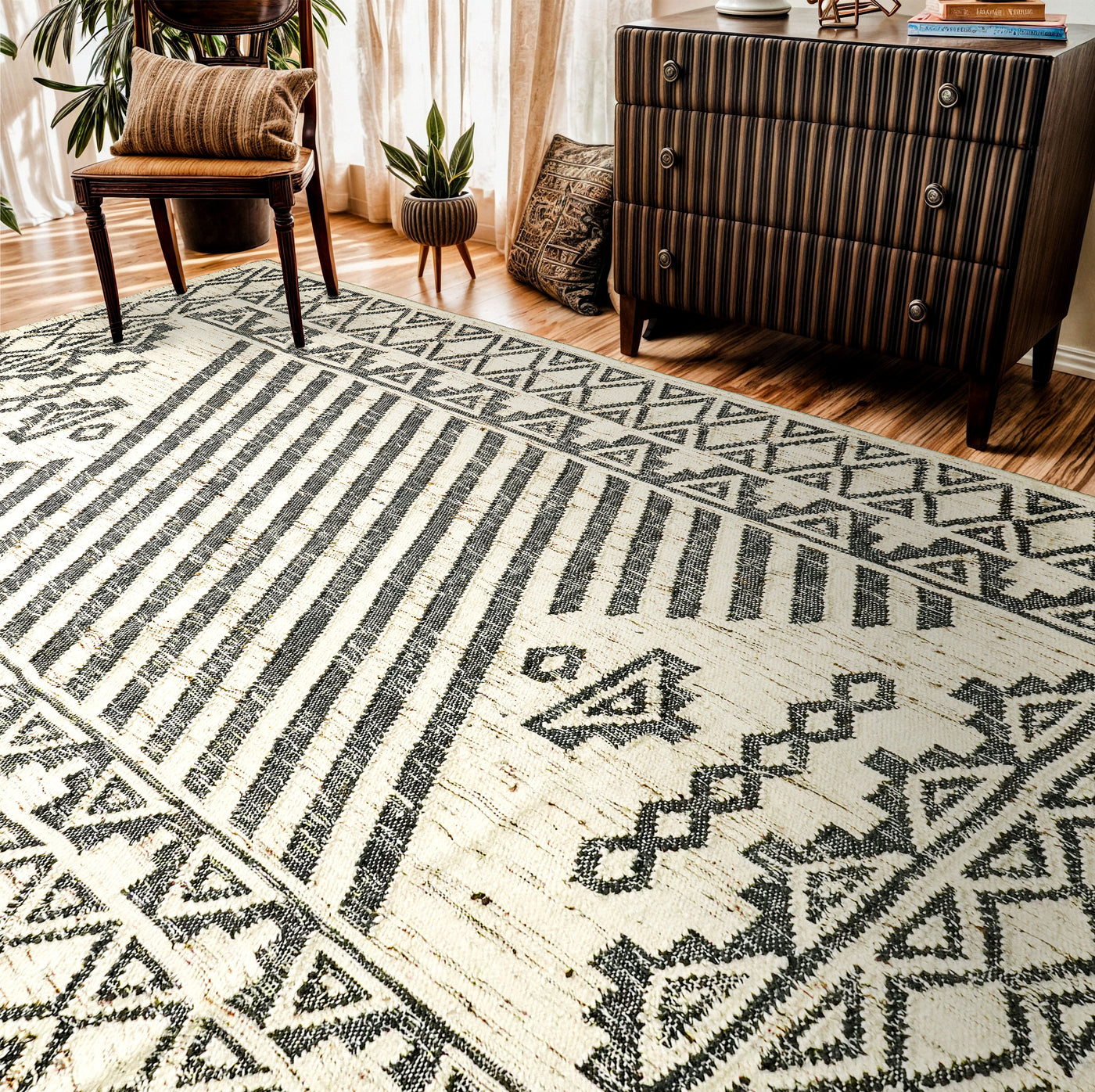 Ivory and black abstract kilim rug, full flat view