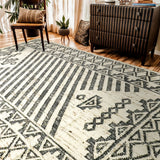 Ivory and black abstract kilim rug, full flat view
