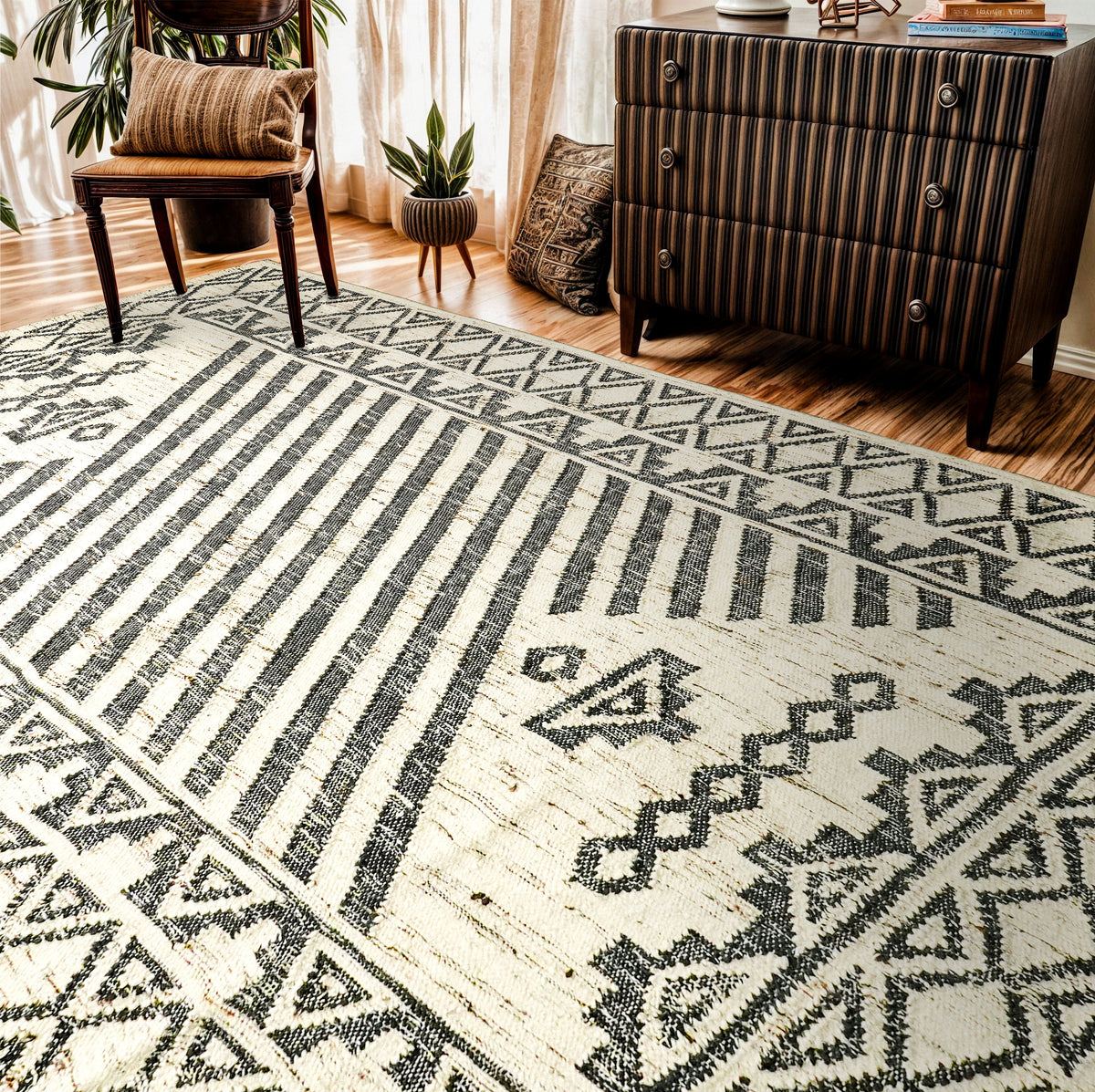 Ivory and black abstract kilim rug, full flat view