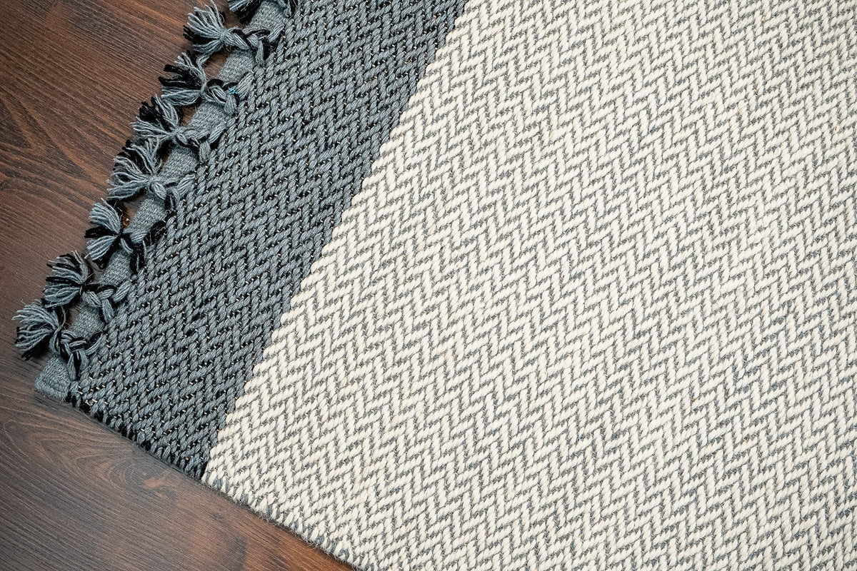 Overhead view of Scandinavian grey wool rug