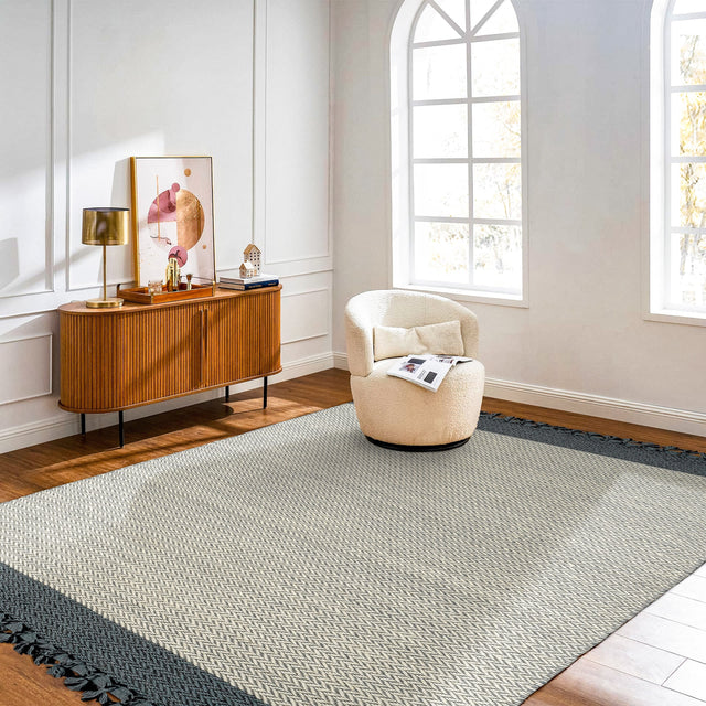 Grey wool flatweave rug, full flat view