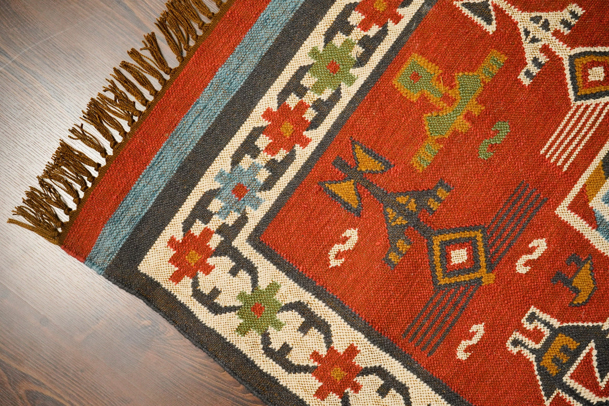 Red tribal aztec kilim rug alternate angle