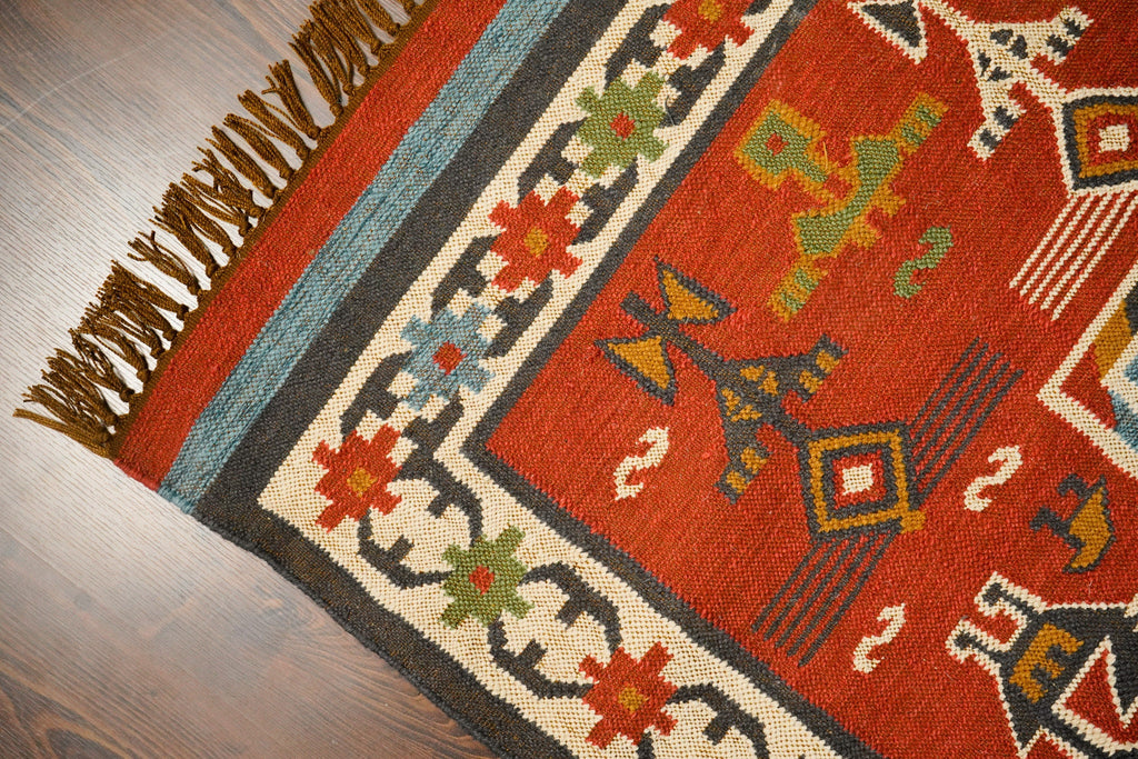 Handwoven Navajo inspired Red Tribal aztec kilim rug, Sustainable indoor & outdoor decor Flat weave rug, Porch rug, Customization available