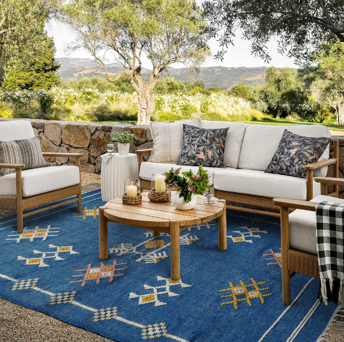 Blue flatweave patio rug, full flat view