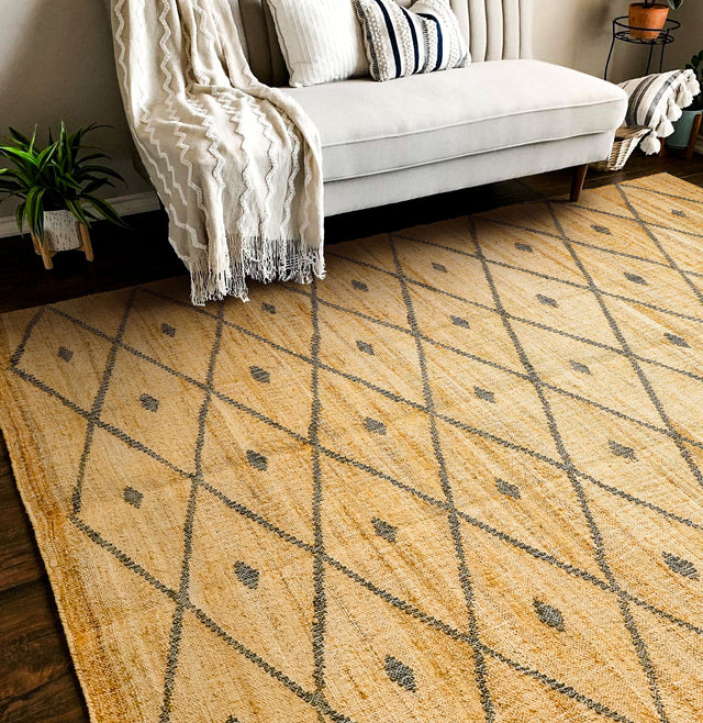 Grey diamond geometric jute rug, flat lay view