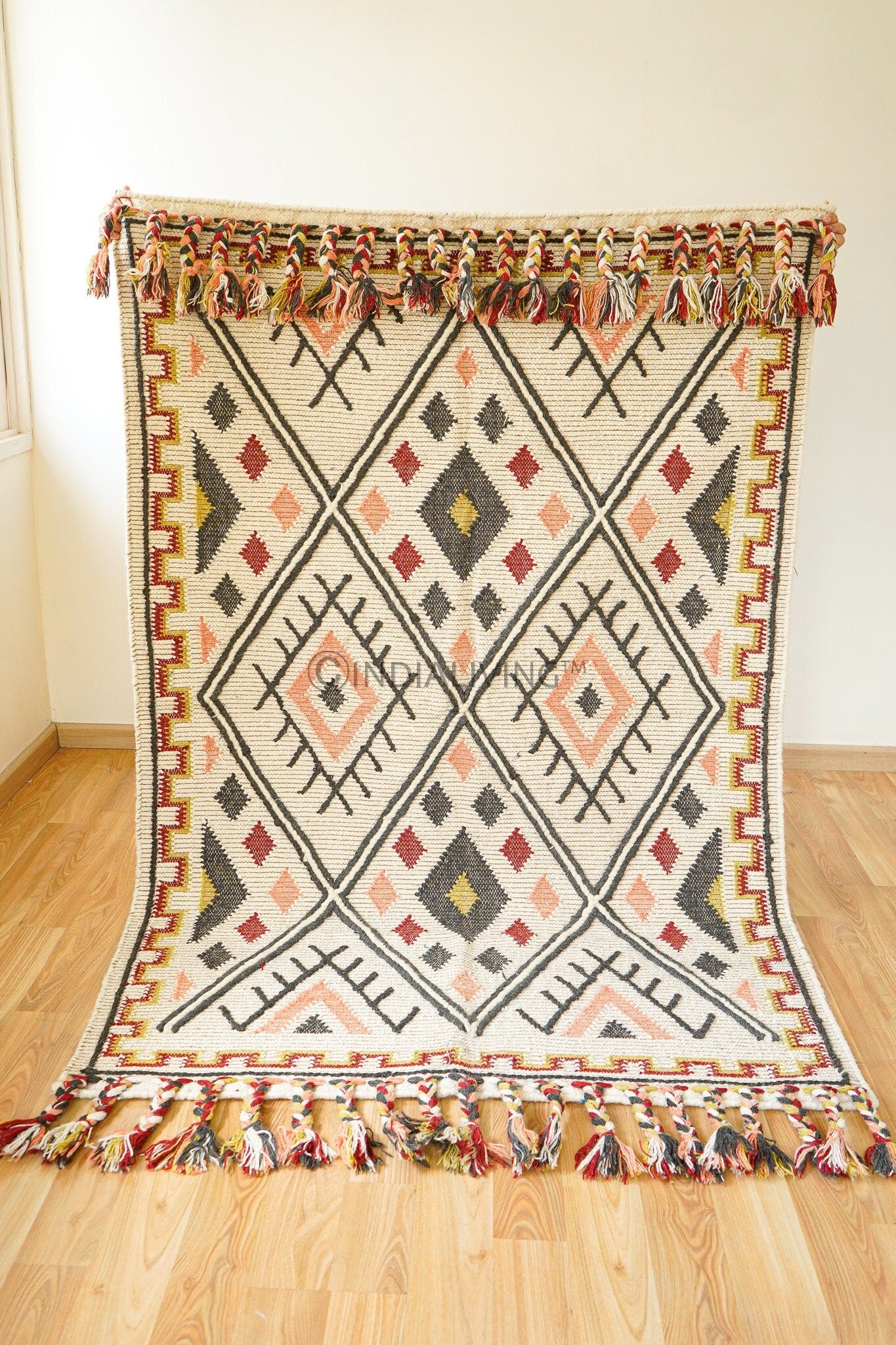 Colourful flatweave kilim rug flat lay