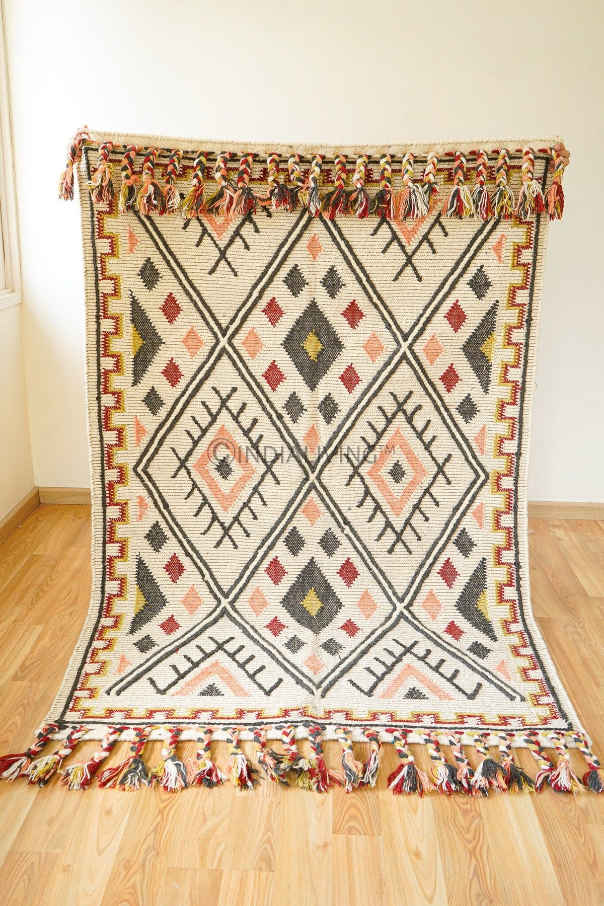 Colourful flatweave kilim rug flat lay