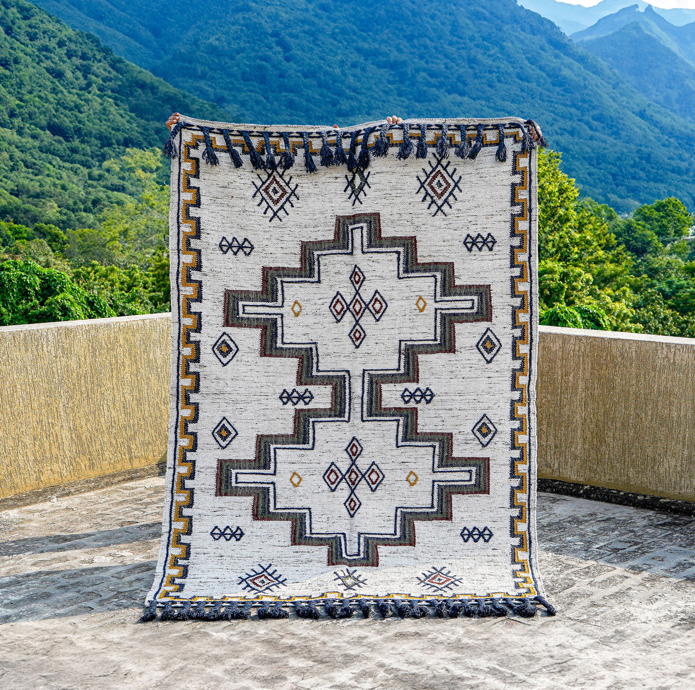 Tribal Aztec kilim rug, flat lay view