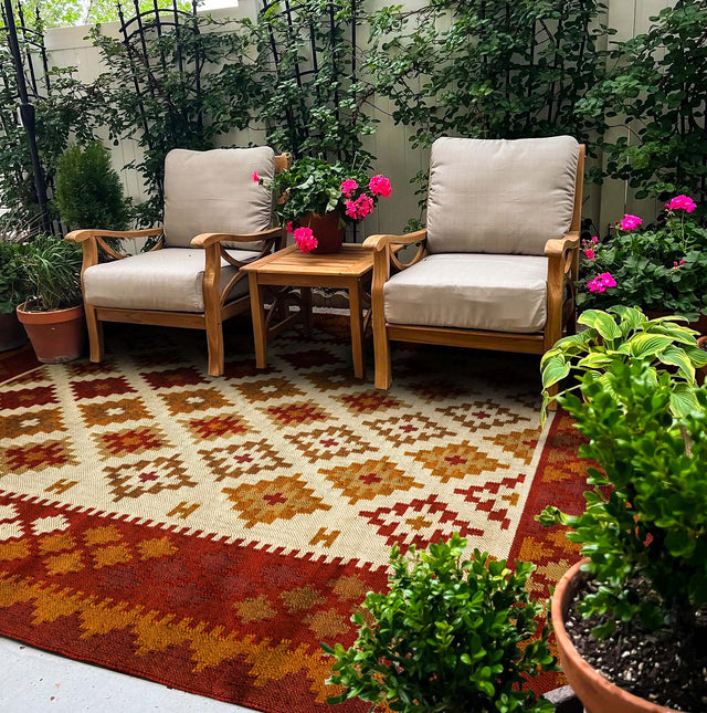 Navajo kilim rug flat lay showing geometric pattern