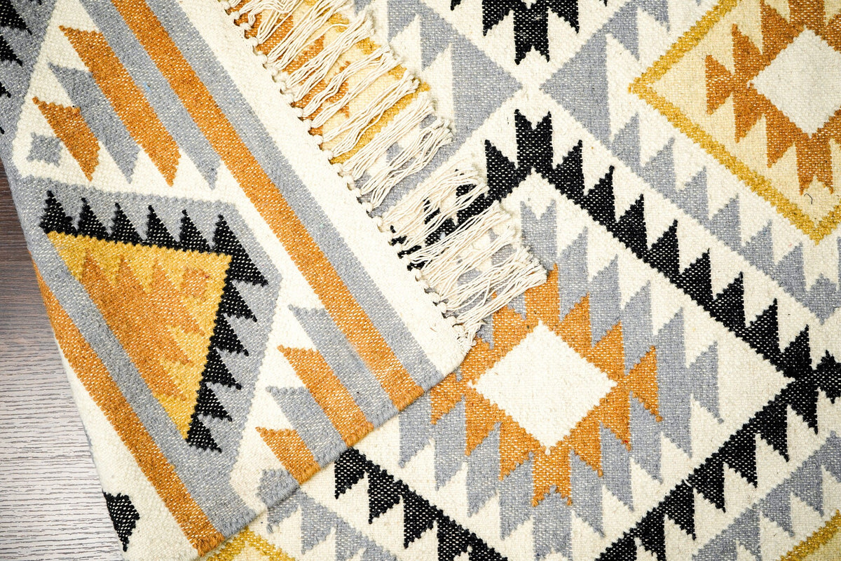Tribal Aztec rug in a living room setting
