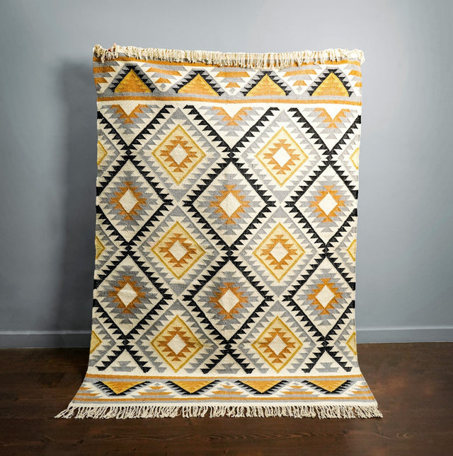 Multi tribal Aztec wool flatweave rug, full flat view