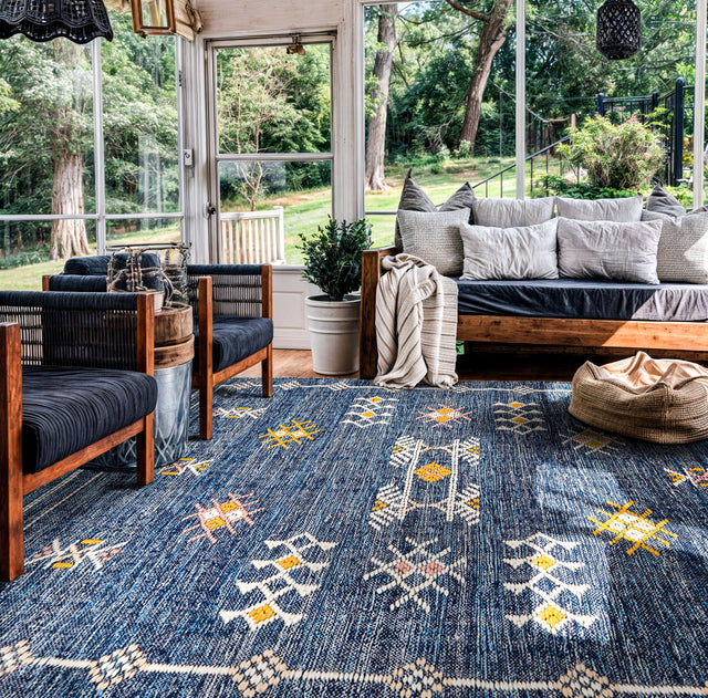 Denim blue Aztec kilim rug flat lay full view