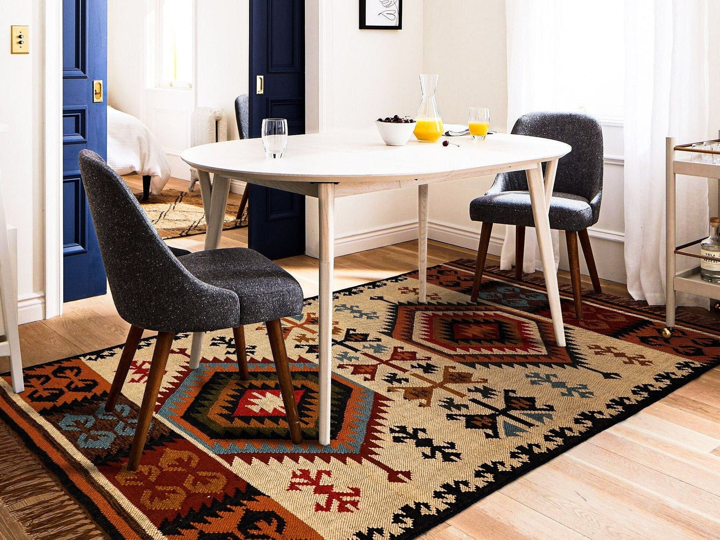 Beige southwestern kilim rug, flat lay view