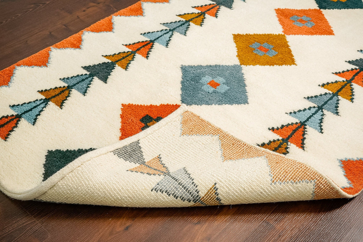 Multicolor Beni Ourain style wool rug, flat lay view