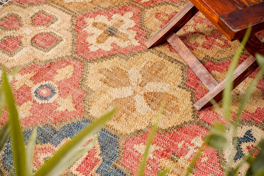 Red Floral Trellis Patterned Hand woven Abstract Boho Style Natural Jute Moroccan Flatwoven Kilim rug, customization available
