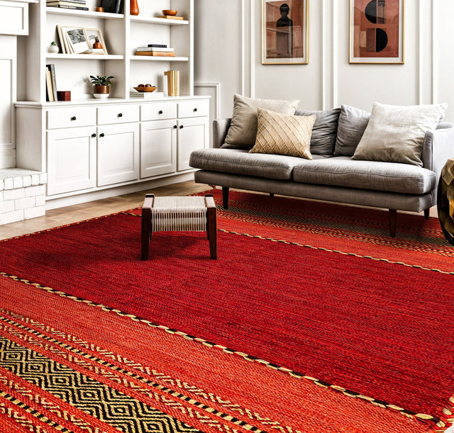 Red kilim rug styled in a living room