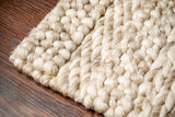 Beige patterned wool rug styled in a living room