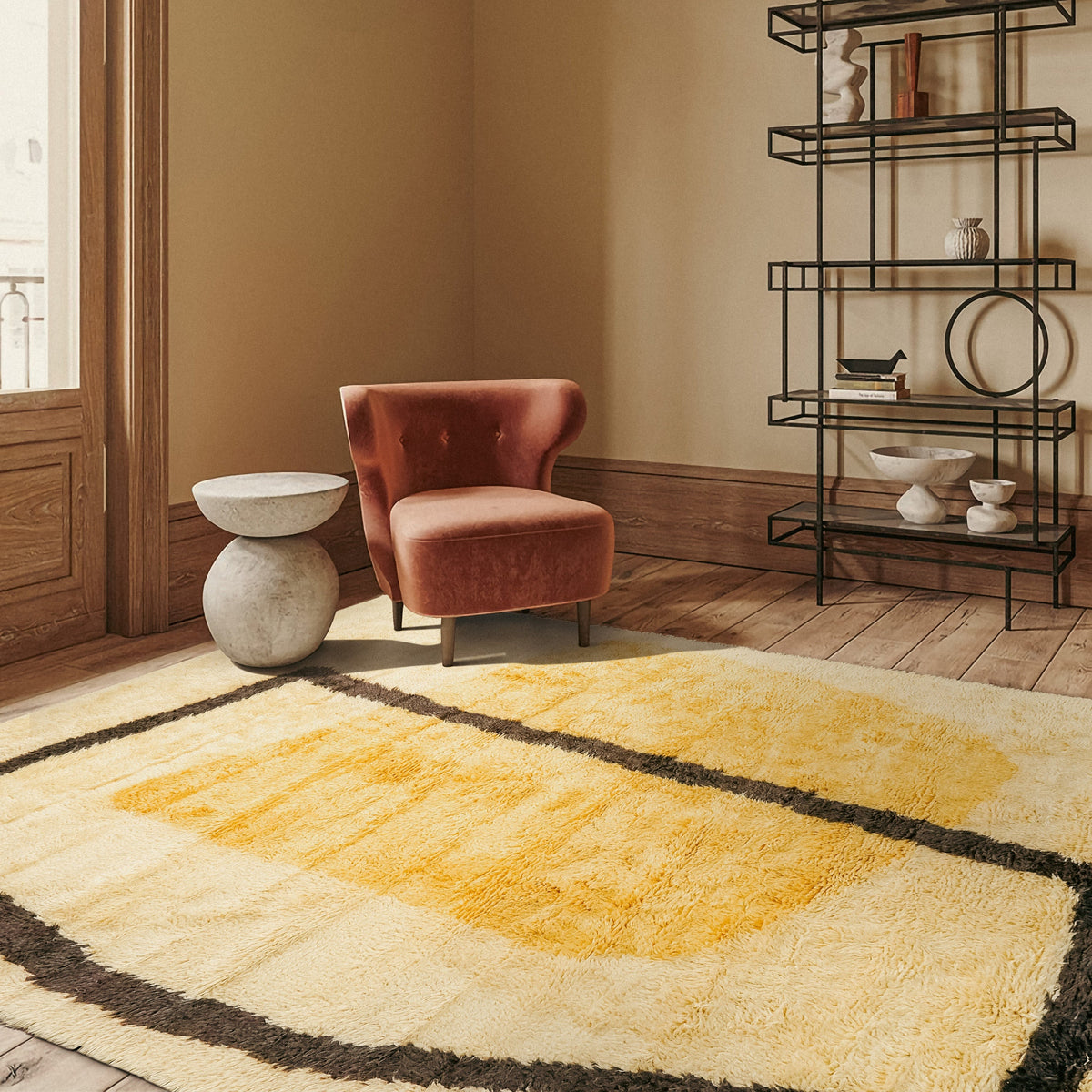 Beige yellow wool rug in a bedroom setting