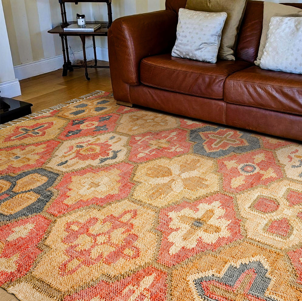 Red Floral Trellis Patterned Hand woven Abstract Boho Style Natural Jute Moroccan Flatwoven Kilim rug, customization available