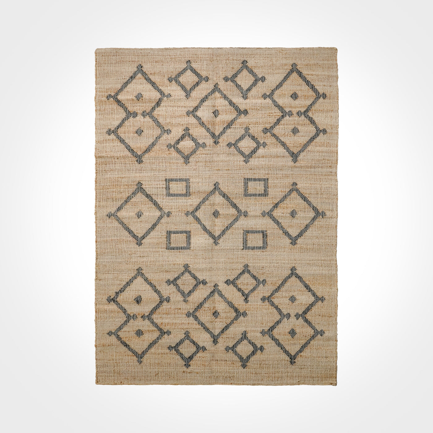 Handwoven natural jute area rug with ivory tribal lattice motif, flat view