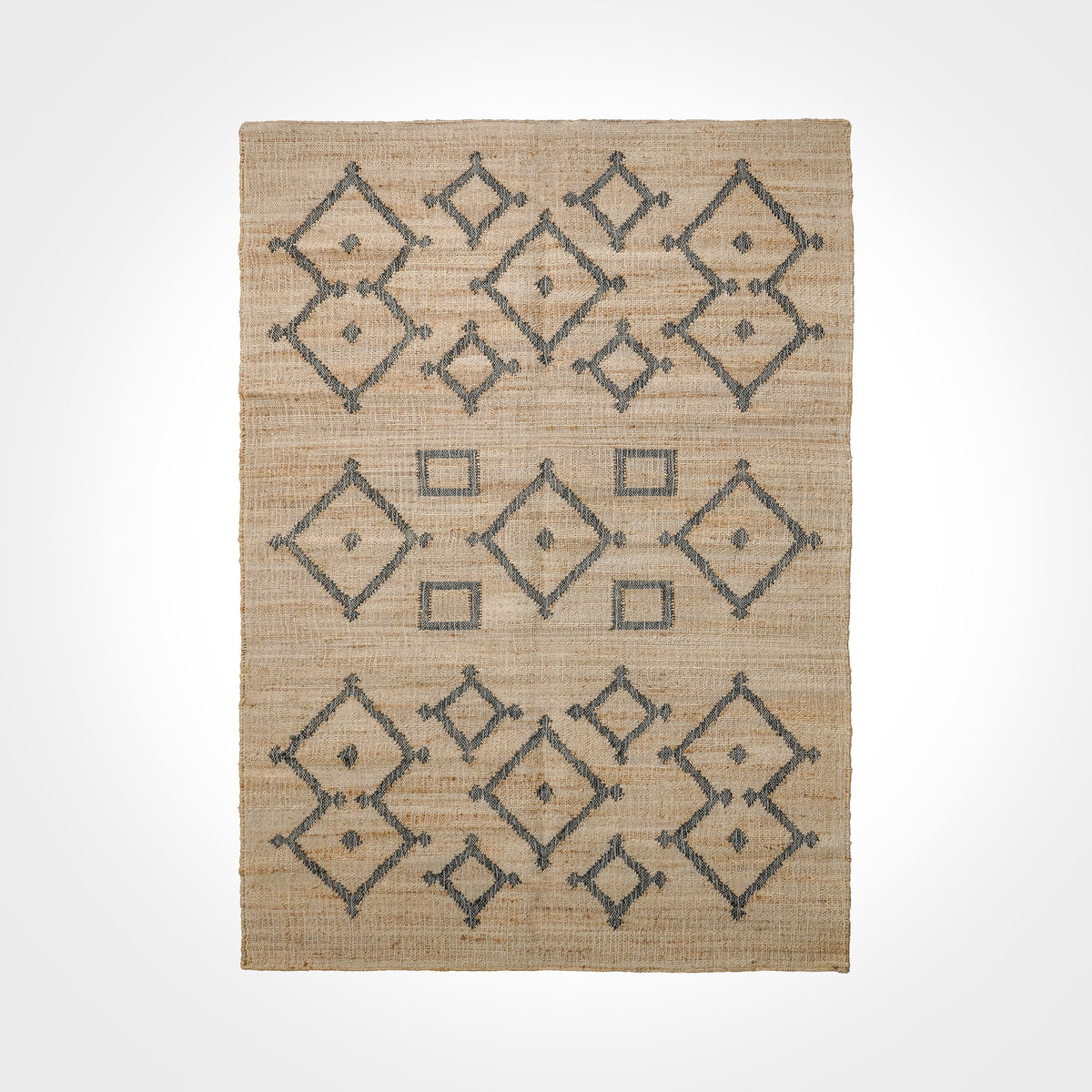Handwoven natural jute area rug with ivory tribal lattice motif, flat view