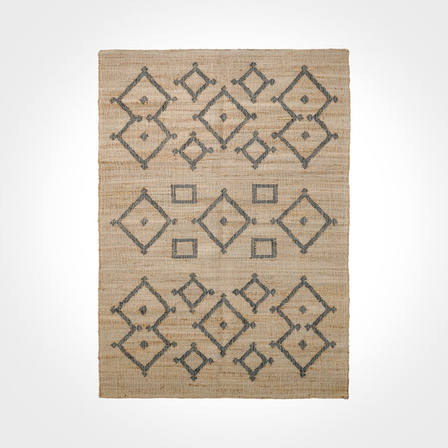 Handwoven natural jute area rug with ivory tribal lattice motif, flat view