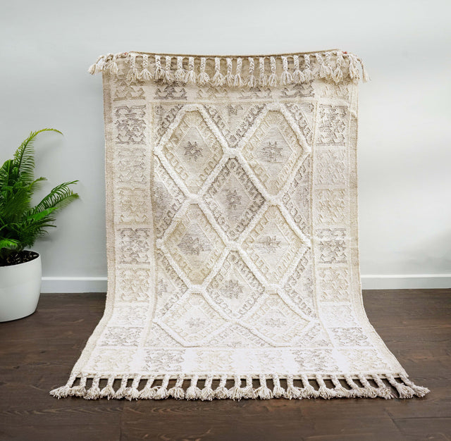 White Moroccan kilim wool rug, flat lay view