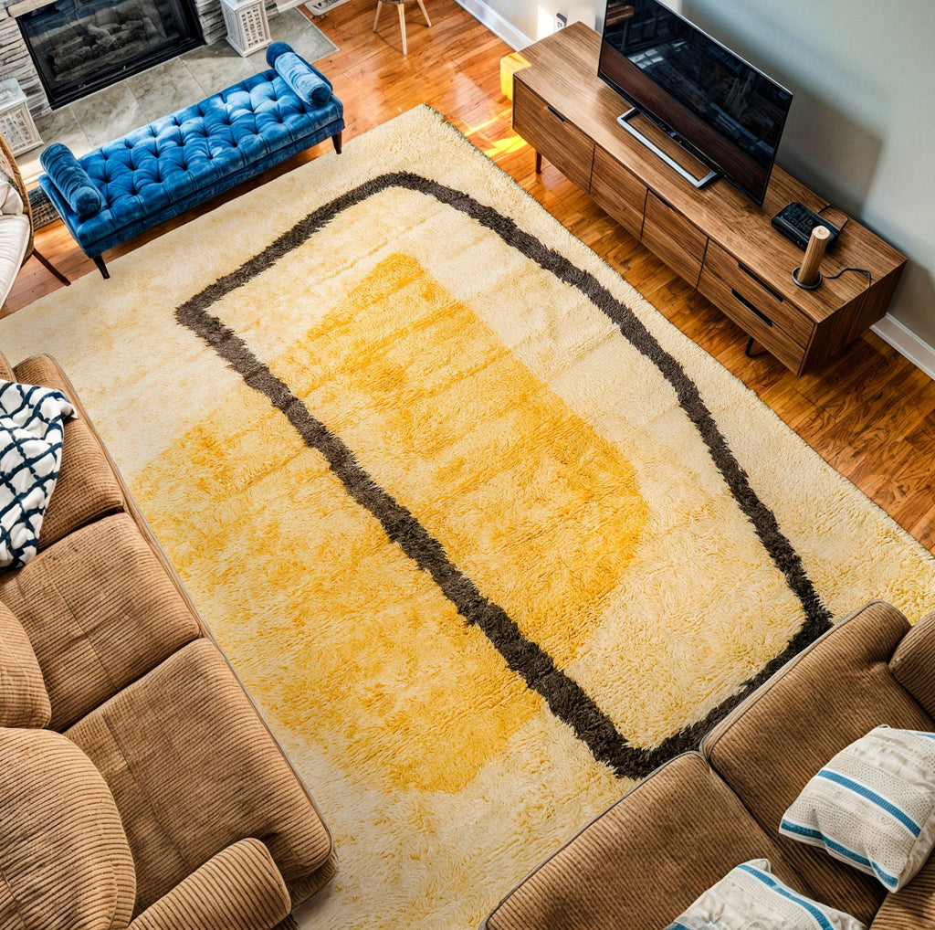 Hand knotted Abstract wall art Style Beige Yellow Moroccan Berber wool area rug, Premium Modern decor Inspired Beni Ourain rug, Custom made