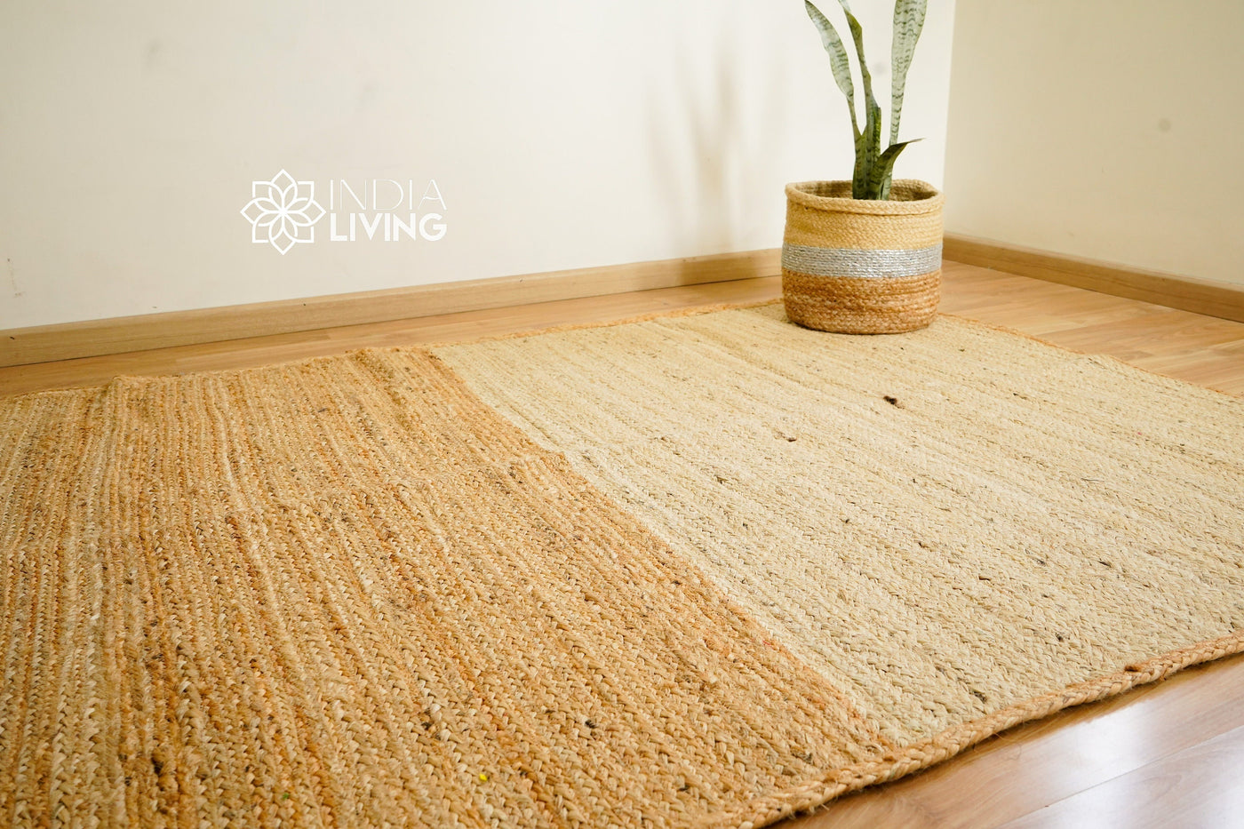 Natural white jute rug flat lay showing braided texture