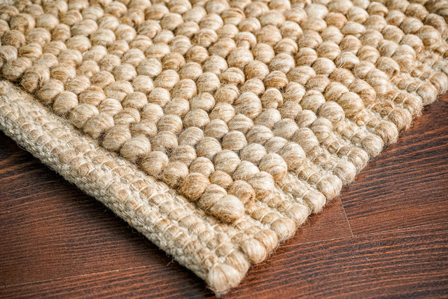 Beige looped wool rug styled in a living room